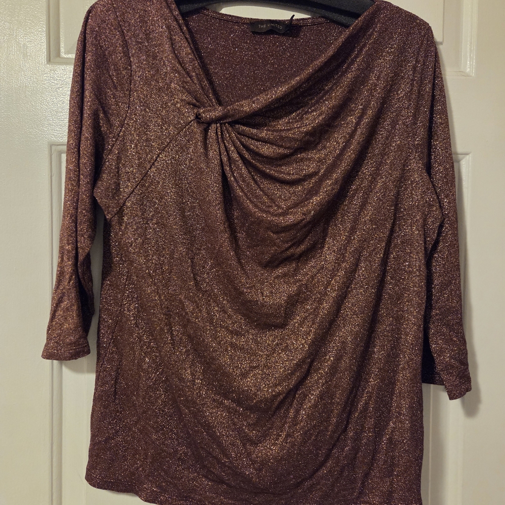 The Limited: Rusty Copper Metallic 3/4 Sleeve Knotted Neck Top/Blouse.  Size XL.